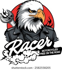 illustration of a biker eagle with leather biker jacket, a wrench and flames.