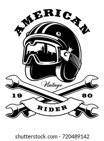 Illustration of biker helmet with crossed wrenches. (VERSION ON  WHITE BACKGROUND). Text is on the separate layer.