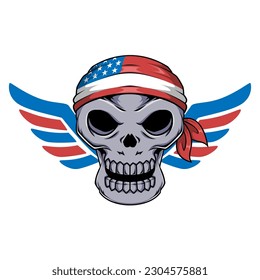 Illustration of biker human skull mascot character with wings and headband