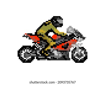 Illustration of a biker on a red sport motorcycle in pixel art style