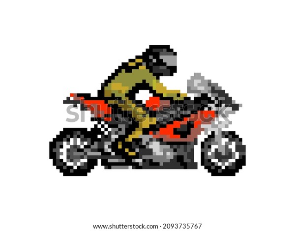 Illustration of a biker on a red sport motorcycle\
in pixel art\
style