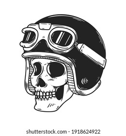 Illustration of biker skull in racer helmet. Design element for logo, label, sign, emblem, poster. Vector illustration