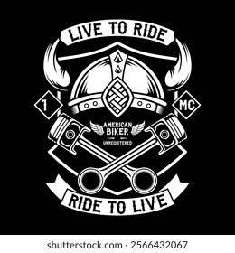 illustration biker vector art, with piston viking helmet and a shield