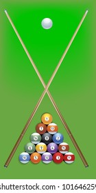 illustration of billard cues and balls on green background