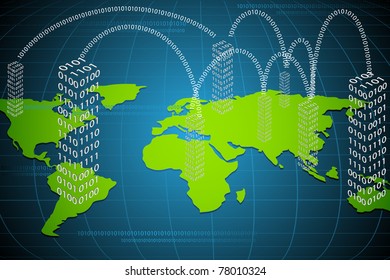 illustration of binary building on world map connected with each other