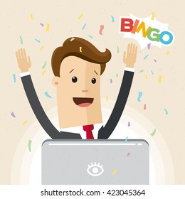Illustration of Bingo, financial success. Businessman or manager works on laptop and a win jackpot, bingo or made a profit. Vector, flat