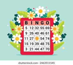 Illustration of a bingo lotto game card, number grid and game of chance, spring floral decoration with yellow flowers and green leaves, graphic element for a community event poster.