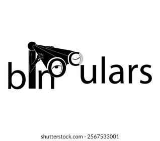 Illustration of binoculars, held by a man and looking into it. Drawing is made using a word. Vector illustration in black isolated on a white background