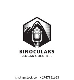 Illustration of binoculars icon isolated on white background. The combination of hexagon, binoculars, and mount. Black color of logo design template.