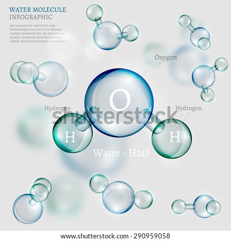 The illustration of bio infographics background with water molecule in transparent style. Ecology, biology and biochemistry concept. Totally vector image.