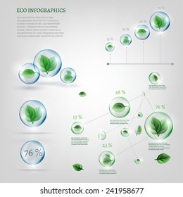 The illustration of bio infographics with green leaves in transparent bubbles. Ecology set.