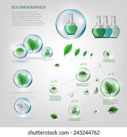 The illustration of bio infographics with green leaves in transparent bubbles. Ecology set.