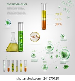 The illustration of bio infographics with green leaves in transparent bubbles. Ecology set.