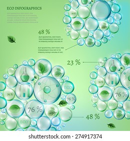 The illustration of bio infographics with green leaves and science equipment in transparent bubbles. Ecology set.