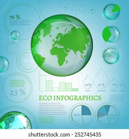 The illustration of bio infographics with world map and atomic structure. Ecology set.
