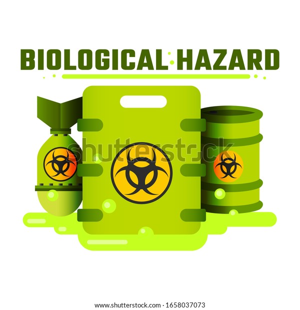 Illustration with biochemical hazardous\
objects. Biological weapon, bomb with chemical viruses. Bio\
hazardous waste. Chemical weapon. Sopra of opsi viruses in a\
suitcase. Flat vector\
illustration.