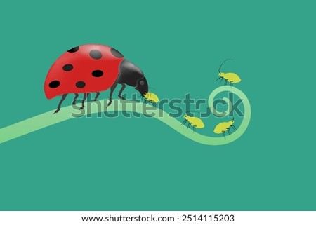 Illustration of biological control through predator insects, ladybugs, that eat aphids for the concept of integrated pest management