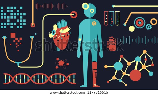 Illustration of Biomedical Engineering\
Elements like DNA, Man, Heart and\
Stethoscope