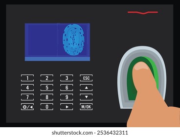 Ilustración de un sistema de asistencia biométrica. El dedo de una persona se coloca en el escáner de huellas dactilares y el sistema muestra una Imagen de huellas dactilares y un teclado para la entrada. Ilustración plana de Vector