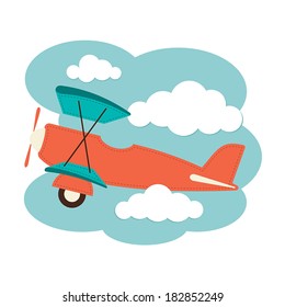 Illustration of a biplane in the clouds
