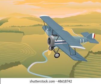 Illustration of a bi-plane flying over a rural landscape.