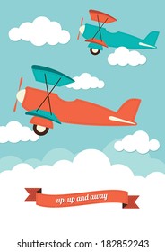 Illustration of a biplanes in the clouds