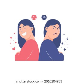 Illustration of bipolar disorder concept. Vector illustration of women show two mood. Happy and angry or unhappy face with emotion icon. Mental health illustration on isolated white background