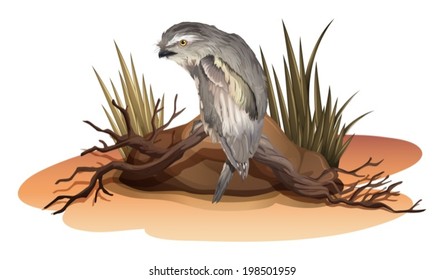 Illustration of a bird above the branch of a tree near the rock on a white background