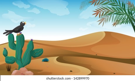 Illustration of a bird above the cactus plant at the desert