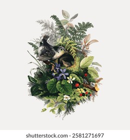 Illustration of a bird among lush foliage, featuring green leaves, flowers, and berries. Nature scene with bird, leaves, and flowers in a detailed design. Vintage animal illustration isolated, vector.