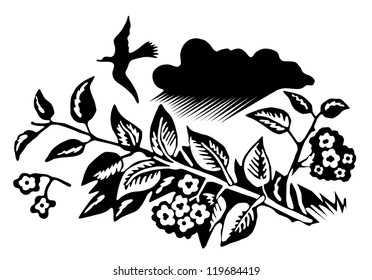 Illustration of a bird of a blossoming cherry flying over a branch