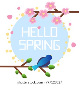 Illustration of a bird with circle with hello spring text message