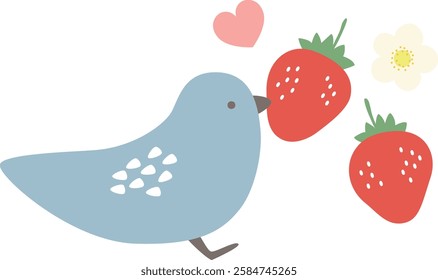 Illustration of a bird eating a strawberry