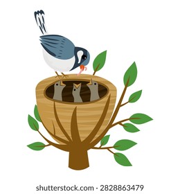 An illustration of a bird feeding its chick in the nest.