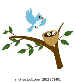 An illustration of a bird feeding its chick in the nest.