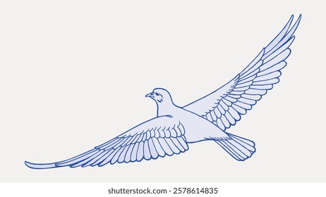 Illustration of a bird in flight with outstretched wings. The bird's wings are detailed, showing feathers. Simple line art of a bird soaring in the sky. Vintage bird illustration vector.