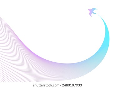 An illustration of a bird flying freely in the sky and its beautiful trajectory in a blue and purple gradient.