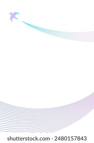 An illustration of a bird flying high in the sky with a purple and light blue curved trail.