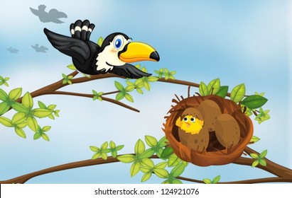 Illustration of a bird flying towards its nest