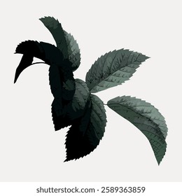 Illustration of a bird formed by leaves, showcasing nature's beauty. The bird's body and wings are creatively depicted using green leaves, blending art and nature. Vintage botanical vector.