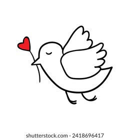 Illustration of a bird with a heart in its beak. Vector clip art. Outline drawing. Doodle illustration
