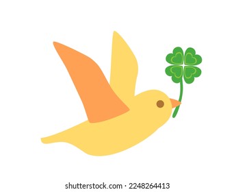 Ilustración de un pájaro que sostiene un trébol de cuatro hojas.