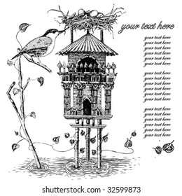 illustration with bird house