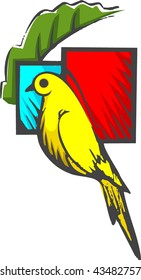 Illustration of a bird with leaf and colour background	