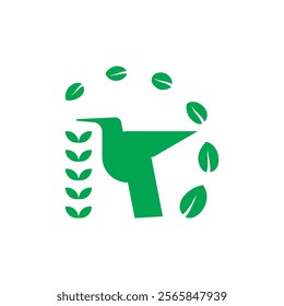 illustration of a bird logo and leaves surrounding it in green. Suitable for a beauty logo