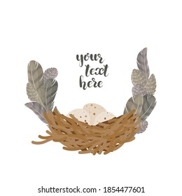 Illustration with bird nest with eggs and feathers. Decorative text frame
