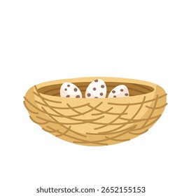 illustration of a bird nest with three speckled eggs inside. Ideal for spring themes, wildlife, nature education, Easter, or animal conservation content