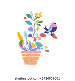 Illustration of a bird next to motley fairy flowers planted in a pot, depicted in a charming folk style. Colorful and whimsical design suitable for print, pattern, poster printing childrens products.