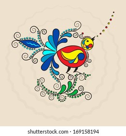 illustration bird on a branch in the style of Russian Folk Art