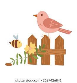 Illustration of a bird on fence with flowers and bee. Spring illustration of flowering plants. Color flat illustration. Suitable for spring postcards, prints, blog design, children's books, children's